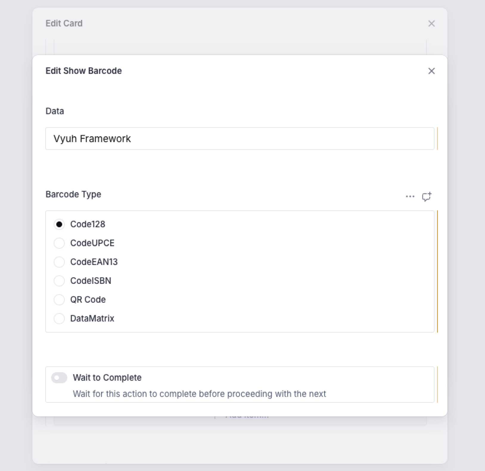 Setting up the Show Barcode Action