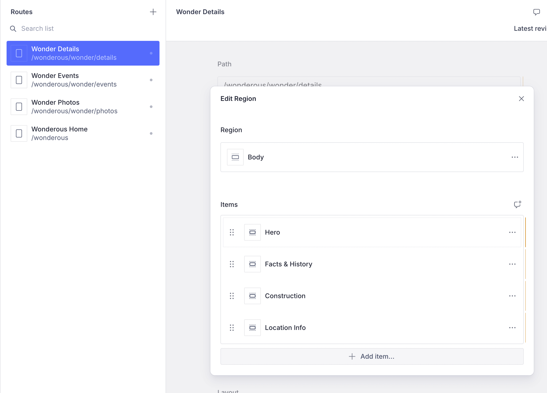 Page structure of the Details route on the CMS